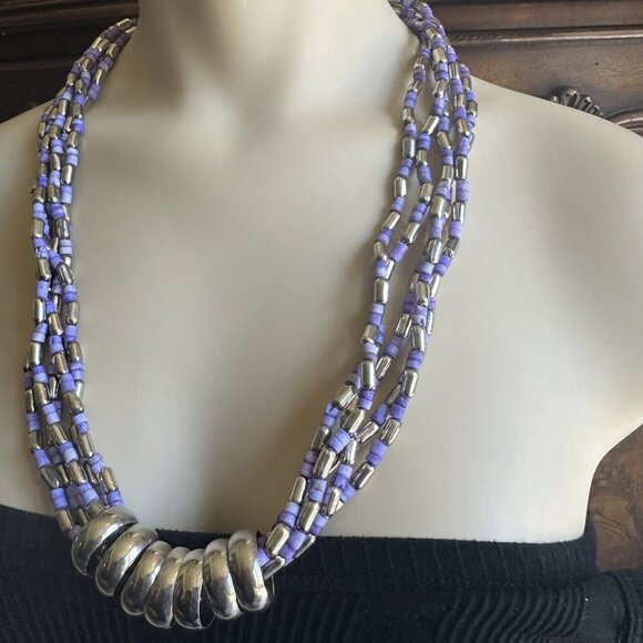 VTG Statement Necklace Beaded Multi Strand Purple Silver Hoop Detail Retro 25" - Picture 3 of 8